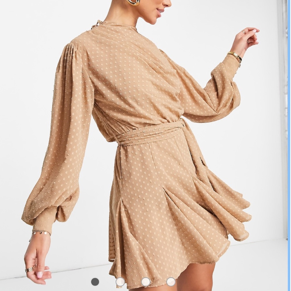 ASOS DESIGN high neck pleated mini dress with godet detail in stone